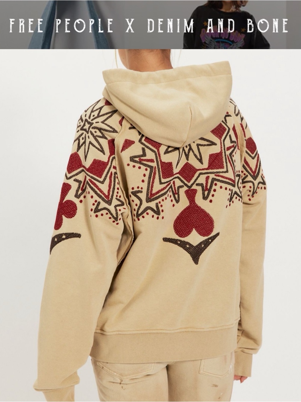 NWT FREE PEOPLE X DENIM & BONE PLAYING CARD HOODIE TEA EMBROIDERED SIZE L